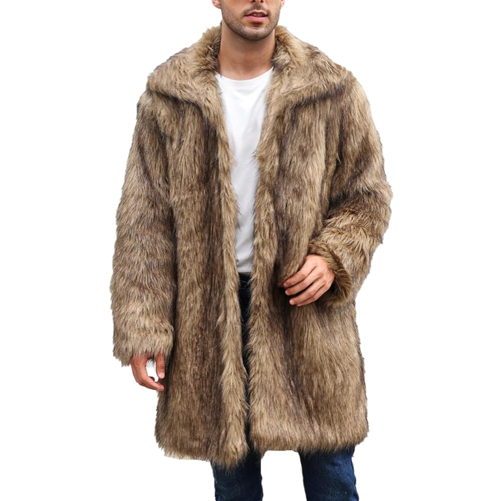 UnoSheng Fur Coat Men's Faux Fur Long Fur Coat White Men's